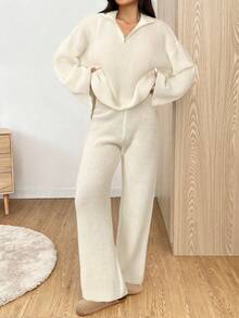 SHEIN EZwear Women's Casual Apricot Zippered Drop Shoulder Sweater And Knitted Pants Sweater Two Pieces Suit, Autumn And Winter, Fall,Fall,Fall Clothes For Women