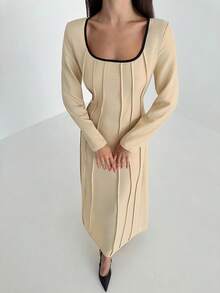 Aloruh New Linen Square Neck Trim Contrast Color Women's Long Skirt, Long Sleeve Slit Pleated Waist A-Line Skirt, Elegant Long Skirt, Women's Sundress Vacation Wear, Imitation Linen Flowing Long Skirt, Business Casual Women's Wear, Autumn And Winter Women's Wear - Apricot - View 3