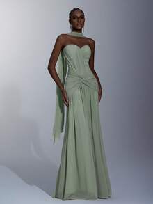 Elitara 优雅的灰绿色高弹力针织网眼紧身胸衣，正面有褶饰，腰部扭纹，鱼尾廓形（可拆卸吊带），飘逸的鱼尾下摆，适合约会、度假、单身派对、婚礼和所有正式场合，精致的晚礼服