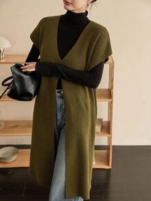 Dazy-Less Women's Solid Color V-Neck Split Hem Fashionable Knit Pullover Sweater - Army Green - View 5