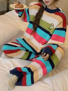 DAZY 2件套女士小狗印花彩色条纹宽松针织长袖上衣和裤子睡衣套装，秋冬季 - 彩色 - 查看 8