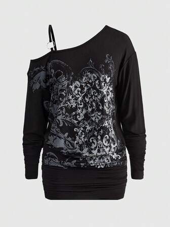 Grunge Punk Y2K sexy Sirenen-Asymmetrisches Schulter Lila Reben Kreuz Muster Elastisch Gerafftes Mini-Kleid für Frauen