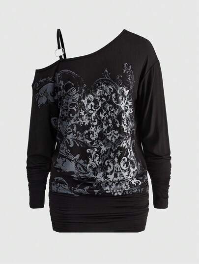 Grunge Punk Y2K Sexy Siren Asymmetric Shoulder Purple Vine Cross Print Elastic Ruched Mini Dress For Women