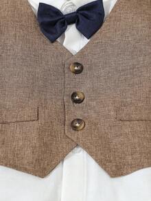 SHEIN 4pcs Baby Boy Formal Gentleman Outfit Set, Including White Long Sleeve Shirt With Bowknot , Single-Breasted Vest, Elastic Waist Suspender Pants And Gentleman Hat, Elegant Suit Set For Infants 6 Months To 3 Years Old, Suitable For Wedding, Competition, Performance, Party, 1st Birthday Celebration, Ring Bearer, Greeter, Christmas And Graduation Ceremony, Spring/Autumn