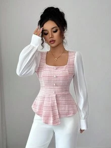Elenzga Women's Elegant Pink Plaid Patchwork White Square Collar Asymmetrical Hem Faux Pearl Button Decor Long Sleeve Fitted Blouse, Spring/Autumn Fall Cloth For Women - Pink - View 5