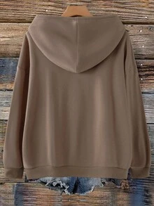 Linhara 大码女式字母刺绣卫衣，休闲宽松复古美式风格卫衣 - 卡其色 - 查看 2