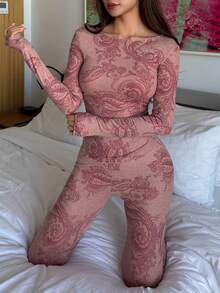 DAZY Women's Floral Pattern Fitted Pajama Set, Autumn/Winter - Pink - View 3