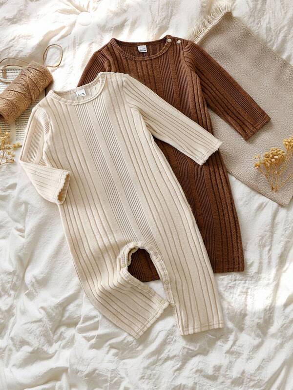 2 piezas Mono de manga larga acanalado asimétrico informal y cómodo para bebés niñas, adecuado para estar en casa y uso diario, otoño/invierno
