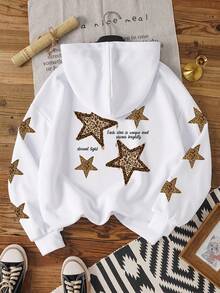 Comfortcana 休闲简约风仿机械卡其色星星图案印花长袖卫衣，适合秋冬季节，复古风、性感风、可爱风、Y2K椰子女孩风、波西米亚风、嬉皮风、音乐节风格 - 彩色 - 查看 1