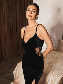 Slumberist Women's Elegant Luxury Velvet Long Nightgown, Featuring Sexy Lace Side Panels To Showcase Graceful Figure Black Velvet Dress Lace Insert Dress Velvet Slip Dress Black Slip Dress Sexy Nightgown - Black - View 2