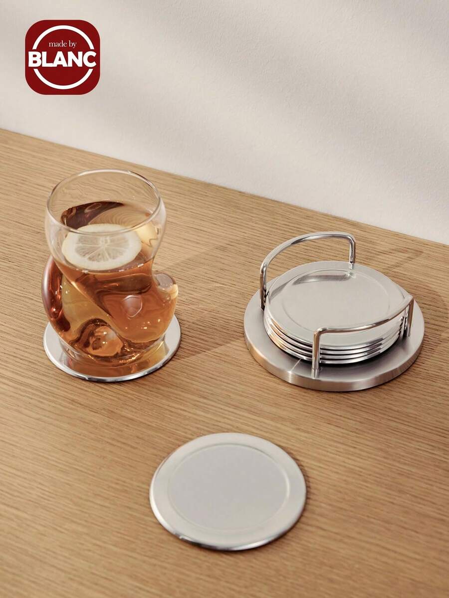 1set/7pcs Vintage Stainless Steel Coasters, Includes Coaster Holder & 6 Coasters - Multicolor - View 1