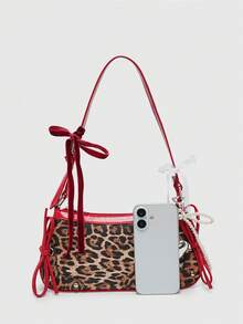 ROMWE Kawaii 女士复古芭蕾风格蝴蝶装饰链条豹纹仿珍珠蕾丝装饰单肩/腋下法棍包，单肩包，动物印花女包，秋冬时尚猎豹印花女士钱包，新款秋冬虎纹女士包 - 豹紋紅 - 查看 2