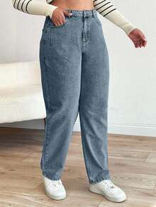 EURMUSE Cottnline Mom Fit Plus Jeans With Snow Wash, - Blue - View 4