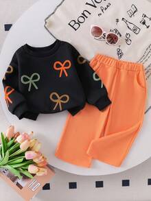 SHEIN Playful Pals 2 件套女婴彩色蝴蝶结刺绣运动衫和橙色裤子套装，时尚秋季服装 - 橘色 - 查看 2