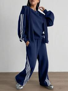 Aidyla Set de 2 sudaderas con capucha de felpa con rayas de color contrastante, estilo callejero de moda