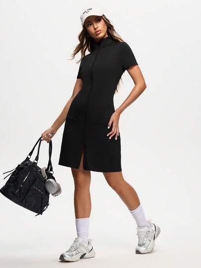 Easify SHEIN Sport Women's Black Short Sleeve Zip Up Active Dress,Slim Fit T-Shirt Dress With Pockets, Sporty Stretch Bodycon Dress, Athleisure Activewear