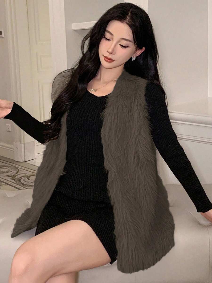 DAZY Áo khoác ôm sát cổ chữ V không tay tối giản màu trơn dành cho nữ, mặc hàng ngày - màu nâu - Xem 1