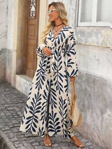 Brillora Women's Vacation Plant Print Lantern Sleeve Loose Jumpsuit,BOHO,BOHO Style,Spring/Autumn,Western Clothes For Women, Boho Chic, Country Concert Outfit, Country Concert Outfit, Holiday Festival Outfits, Beach Outfits For Woman, Tie Front Top,Bohemian Style For Vacation, Vacation, Bohemian Outfit For Women Party,Beach Outfit For Women,,Vacation, - Blue - View 4