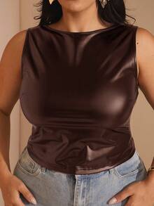 SHEIN BAE 女式夏季纯色 PU 皮革褶皱修身背心 - 咖啡棕 - 查看 2
