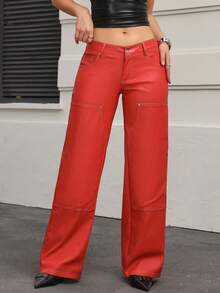 SHEIN Unity Women's Solid Color Low-Waist Straight Leg Pants, Suitable For Commuting - Red - View 3