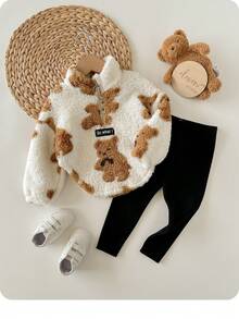 Baby Girl Cute Fleece Letter Graphic Sweatshirt & Elastic Waist Pants Set, Autumn/Winter - Multicolor - View 1