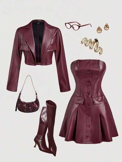 SHEIN MOD Women's Fashion Winter Set, Street Style Solid Color PU Leather Lapel Collar Flap Detail Cropped Jacket And Single-Breasted Tube Dress Set, Autumn,Burgundy Leather Suit,Burgundy Suit,Chic Women's Set ,,Fall