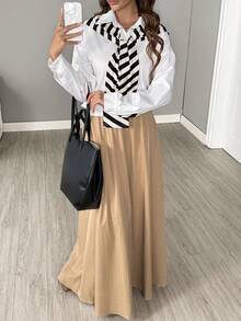 SHEIN LUNE Fall Winter 2025 Women Women's Fashion Business Shirt And Skirt 2 Pieces Set White Shirt With Khaki Long Skirt Two Piece Set Women Casual Blouses For Ladies Autumn Clothing Korea Casual Outfit For Women Casual Women's Set Two Piece Set For Women White Top 2 Piece Skirt Sets Woman Modest Skirts 2 Piece Casual Sets Woman Modest Sets For Women