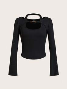 SHEIN EZwear Women's Fall/Winter Y2K Rib Knit 2 In 1 Flare Long Sleeve Tops - Black - View 6