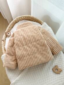 Bébé garçon/unisexe Manteau matelassé zippé avec col montant en velours côtelé, broderie d'ours, doublure matelassée, adapté pour l'automne/l'hiver, mode décontractée, dessin animé mignon et polyvalent - Kaki - Voir 2