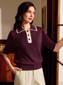 Vintamour Maglione casual da donna a maniche corte con colletto a contrasto di colore - Viola rosso - Visualizzare 7