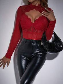 Allurite Women's Fashionable Sexy Solid Color Lace Patchwork Hollow Out Bodysuit Red Body Suit Sexy Red Outfits For Women Red Bodysuit Lace Bodysuit Sexy Bodysuit Christmas Party Dress - Burgundy - View 3