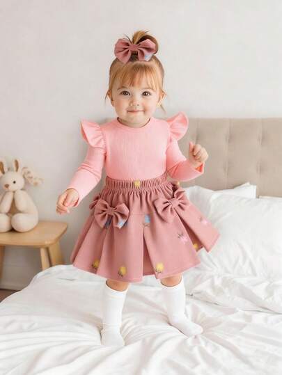SHEIN Playful Pals 2pcs Baby Girls Knitted Long Sleeve T-Shirt With Ruffle Sleeves And Corduroy Embroidered Skirt Set, Cute Outfit For Autumn/Winter