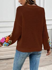 EMERY ROSE Women's Casual V-Neck Crochet Lantern Sleeve Pullover Sweater - Rust Brown - View 2