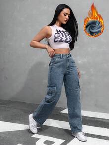 SHEIN ICON 女士纯色休闲保暖牛仔裤 - 深色水洗藍 - 查看 5
