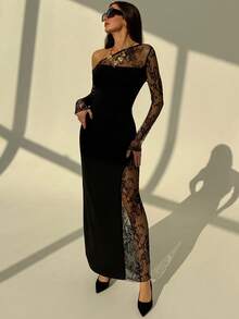 Aloruh Elegant Romantic Date Night Party Contrast Lace Asymmetric Hem Bodycon Long Dress, Black Long Sleeve Strapless, Suitable For Party, Nightclub, Cocktail,Dresses For Women Elegant,New Year Dress ,Elegant Party Dresses,Dresses For Women Elegant,Dresses For Women Elegant,Black Dress - Black - View 4