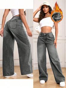 SHEIN PETITE Pantalones vaqueros de pierna ancha de unicolor con forro térmico, bolsillos y versátiles, para otoño/invierno - Gris - Ver 6