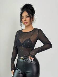 SHEIN PETITE 娇小女装时尚休闲亮片圆领长袖紧身性感网纱上衣 - 黑色 - 查看 4