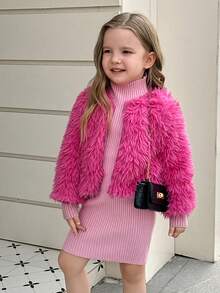 SHEIN Elladie kids Young Girl Elegant Three-Dimensional Plush Short Coat - Pink - View 3
