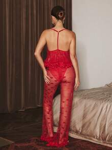 Slumberist Heart Shape Mesh Cami Top And Pants Pajama Set - Red - View 2