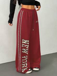 SHEIN PETITE 女士日常运动休闲新年豹纹宽松直筒裤 - 紅色 - 查看 4