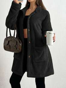 SHEIN Tall Front Pocket And Button Detailed Hooded Very Cozy And Soft Faux Fur Women Coat