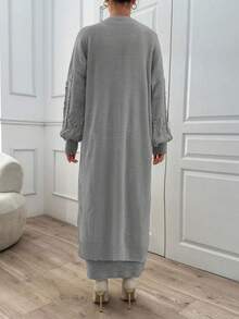 EURMUSE Ponpon And Stone Button Detail Maxi Long Cardigan - Grey - View 4