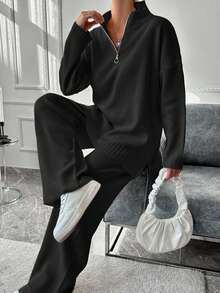 EURMUSE Áo len hở vai có khóa kéo nửa và quần dệt kim - màu đen - Xem 3