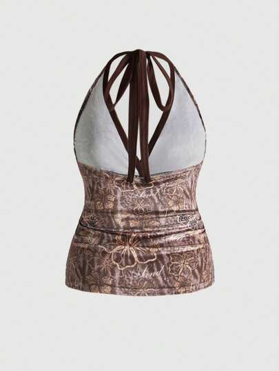 J-Fashion Plus Size Millennium Retro Velvet Leopard Print Halter Neck Camisole, Autumn/Winter