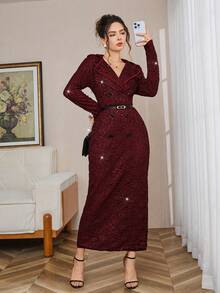 SHEIN LUNE Elegantes vestidos largos de mujer con mangas largas y cintura ceñida, para otoño/invierno - Burdeos - Ver 8