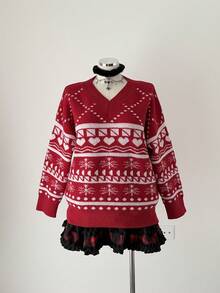 Sunspun Plus Size Women Heart Pattern V-Neck Long Sleeve Loose Pullover Sweater, Autumn/Winter - Red - View 5