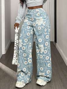 DAZY Women's Ditsy Floral Straight Leg Loose Maxi Pants Y2k Women Jeans - Blue - View 5