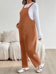 SHEIN Maternity Casual Solid Jumpsuit For Autumn - Orange - View 5