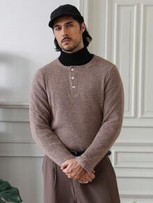 HUEFORM 男士复古亨利领针织衫，弹性极佳，贴合身形，适合男士冬季穿着，长袖上衣 - 卡其色 - 查看 3