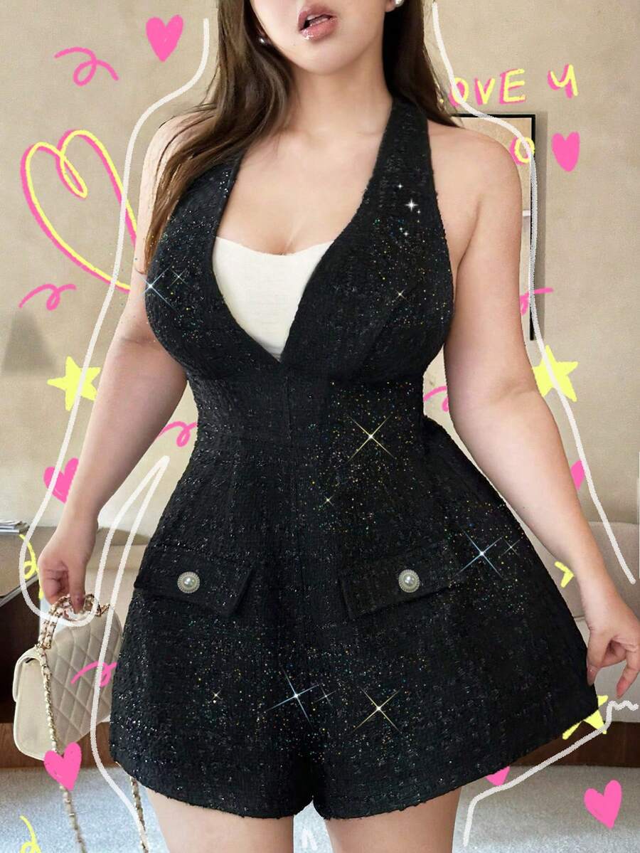 Flirla Plus Size Fashionable & Elegant Backless Halter Jumpsuit - Black - View 1